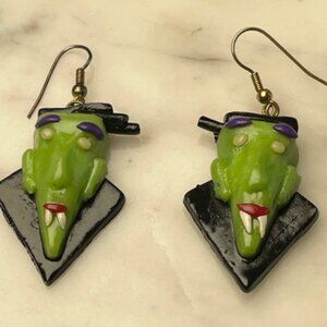 vintage 1990 robert powell fanged retro monster halloween earrings